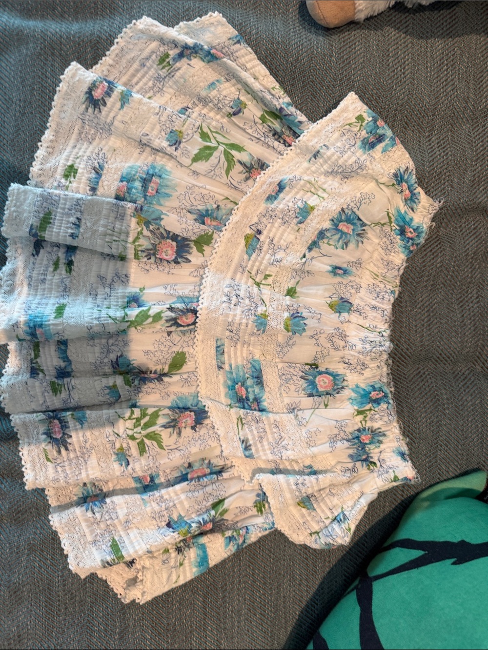 LoveShackFancy White Floral Smocked Off-Shoulder Top with Blue Flowers